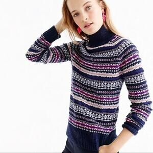 J. Crew 100% Fair Isle Blue Pink White Wool Turtleneck Sweater EUC! Medium
